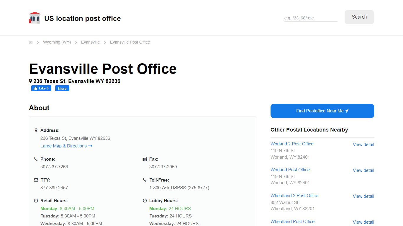 Evansville Post Office, WY 82636 - Hours Phone Service and Location